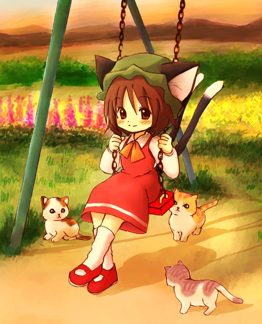 1girl animal_ears ascot blush cat cat_ears cat_tail chen collar collared_shirt dress eijima_moko grass ground highres hill long_sleeves looking_at_viewer mary_janes multiple_tails orange_sky outdoors red_dress red_shoes shadow shirt shoes sky smile socks swing tail touhou two_tails white_shirt