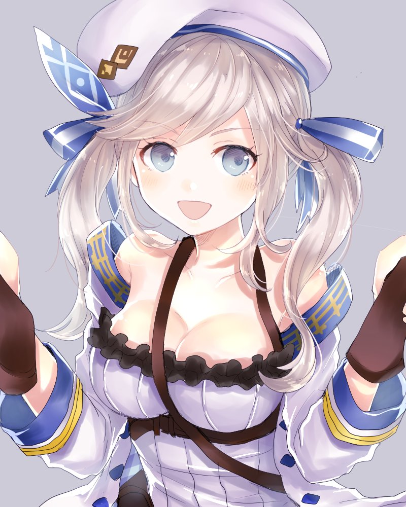1girl :d beret blue_eyes breasts cleavage collarbone dual_wielding eyebrows eyebrows_visible_through_hair granblue_fantasy grey_background gun hair_ribbon hat holding holding_gun holding_weapon jacket kukuru_(granblue_fantasy) long_hair medium_breasts myusha open_clothes open_jacket open_mouth ribbon silver_hair simple_background smile solo strap strap_cleavage striped striped_ribbon twintails weapon white_hat white_jacket