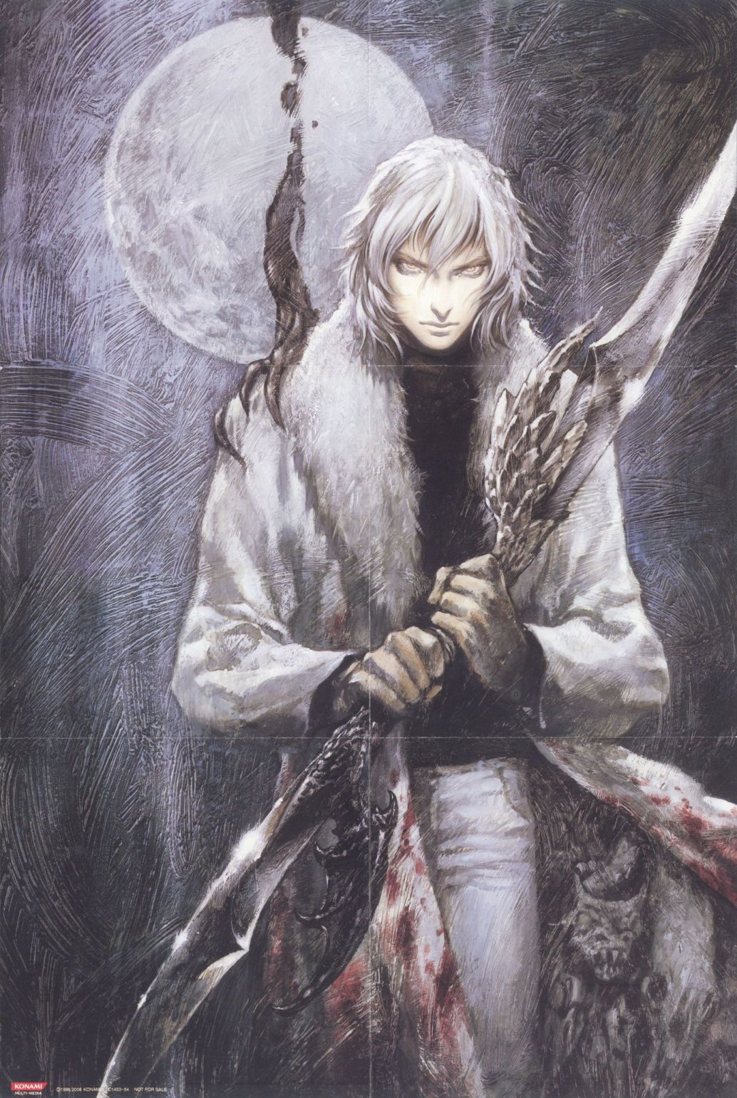 1boy blood bloody_clothes castlevania castlevania:_aria_of_sorrow double-blade full_moon highres kojima_ayami long_coat moon solo soma_cruz traditional_media trench_coat white_hair