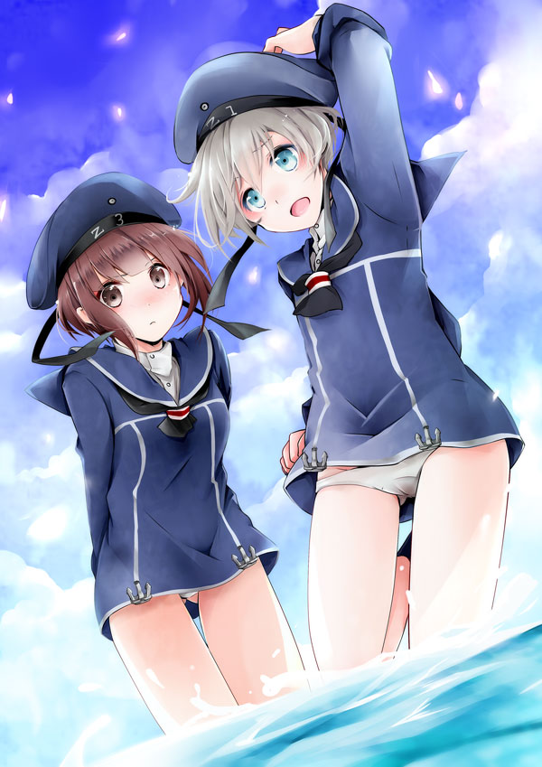 2girls akatsuki_hijiri auburn_hair blue_eyes blue_sky brown_eyes clothes_writing clouds dress hat kantai_collection looking_at_viewer multiple_girls open_mouth panties sailor_collar sailor_dress sailor_hat short_hair silver_hair sky standing underwear water white_panties z1_leberecht_maass_(kantai_collection) z3_max_schultz_(kantai_collection)