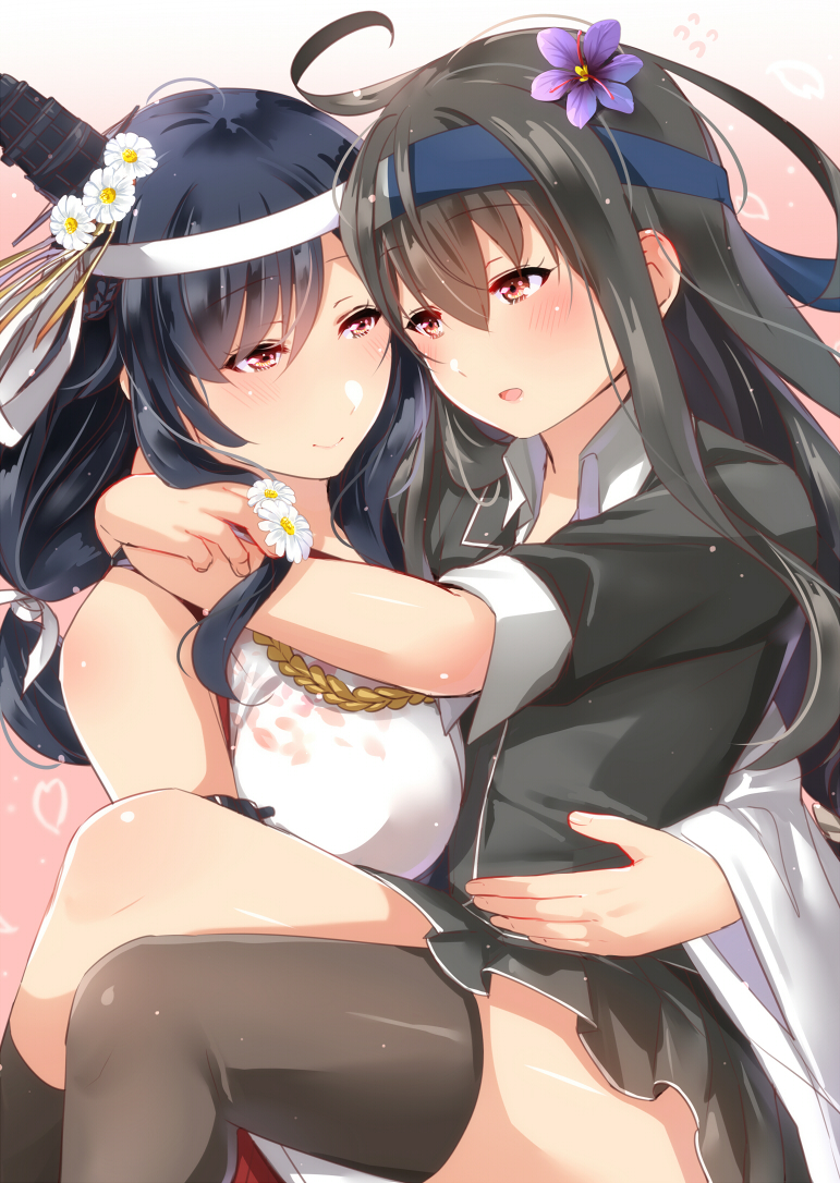 2girls black_hair black_legwear blush breasts carrying daisy detached_sleeves epaulettes floral_print flower fusou_(kantai_collection) hair_flower hair_ornament hatsushimo_(kantai_collection) headband headgear jacket japanese_clothes juurouta kantai_collection long_hair looking_at_another low-tied_long_hair multiple_girls nontraditional_miko open_mouth pleated_skirt princess_carry red_eyes remodel_(kantai_collection) school_uniform short_hair single_thighhigh skirt smile thigh-highs