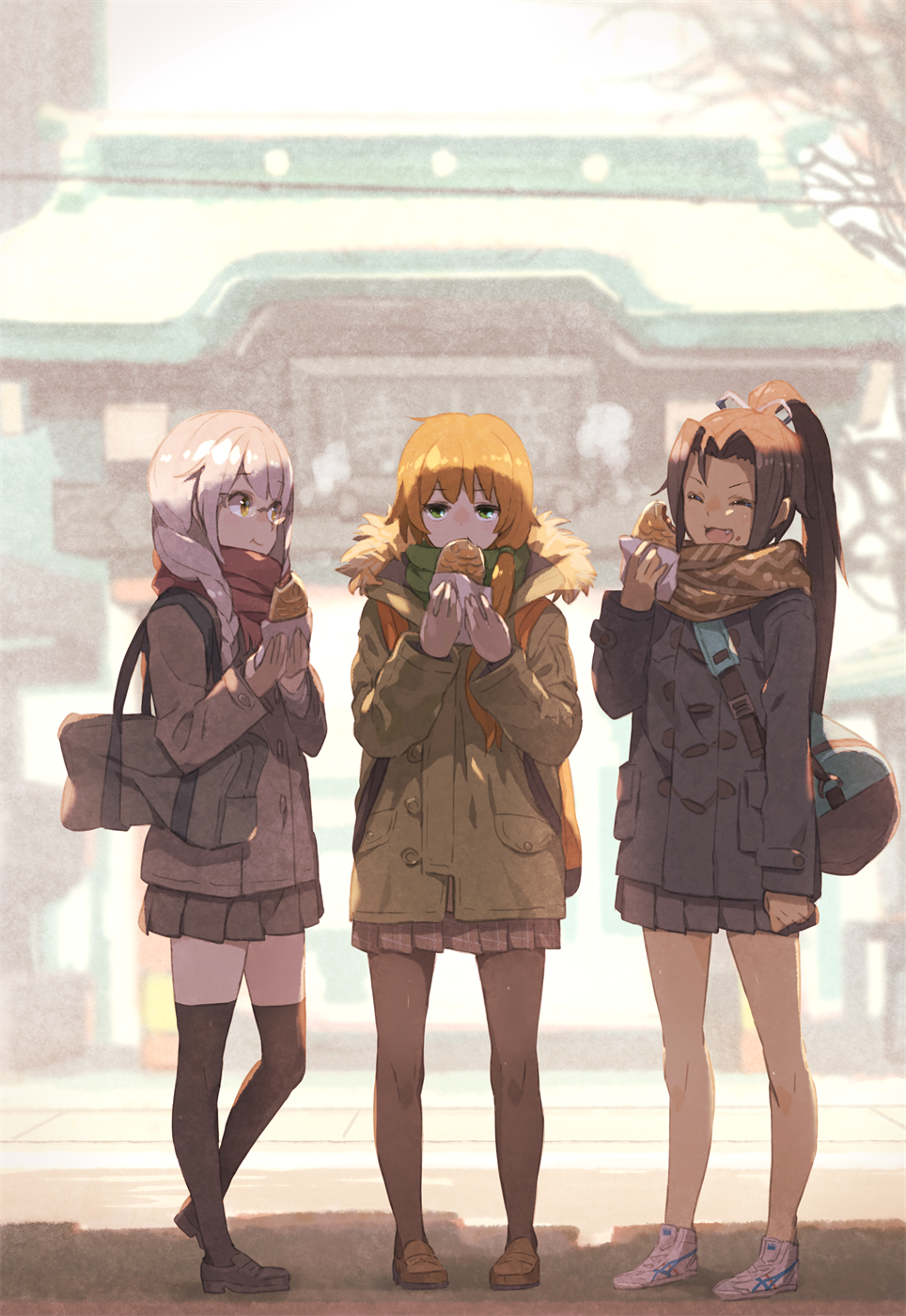 3girls :t ^_^ ^o^ aguila arm_at_side backpack bag bangs bare_legs bare_tree black_coat black_legwear black_shoes black_skirt blonde_hair blurry_background braid brown_coat brown_hair brown_legwear brown_scarf brown_shoes building closed_eyes coat dark_skin duffel_bag eating fang female food food_on_face fur_trim glasses green_coat green_eyes green_scarf hair_over_shoulder high_ponytail highres holding holding_food loafers long_hair long_sleeves looking_at_another looking_at_viewer miclas miniskirt multiple_girls no_socks outdoors pantyhose personification pleated_skirt ponytail red_scarf rimless_glasses scarf school_bag shoes short_hair silver_hair single_braid skirt smile sneakers standing taiyaki thigh-highs tomioka_jirou tree ultra_kaijuu_gijinka_keikaku ultra_series w_arms wagashi white_shoes windom winter_clothes winter_coat yellow_eyes zettai_ryouiki