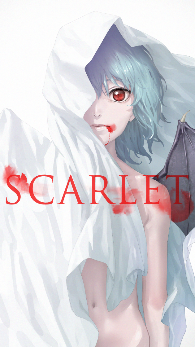 1girl amino_(tn7135) arm_at_side bangs bat_wings black_wings blood blood_from_mouth blood_on_face blood_stain character_name cloak closed_mouth expressionless looking_at_viewer navel nude one_eye_covered red_eyes remilia_scarlet short_hair simple_background solo stomach touhou upper_body white_background wings