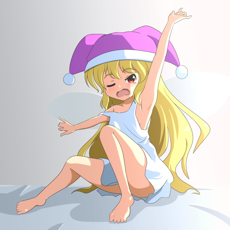 1girl ;o arm_up armpits bangs bare_legs barefoot blonde_hair cato_(monocatienus) chemise clownpiece commentary_request convenient_leg fairy_wings full_body hat jester_cap knee_up long_hair looking_at_viewer nightcap nightgown on_bed one_eye_closed open_mouth outstretched_arms red_eyes sitting sleepwear strap_slip stretch sunlight touhou very_long_hair waking_up wavy_mouth wings yawning