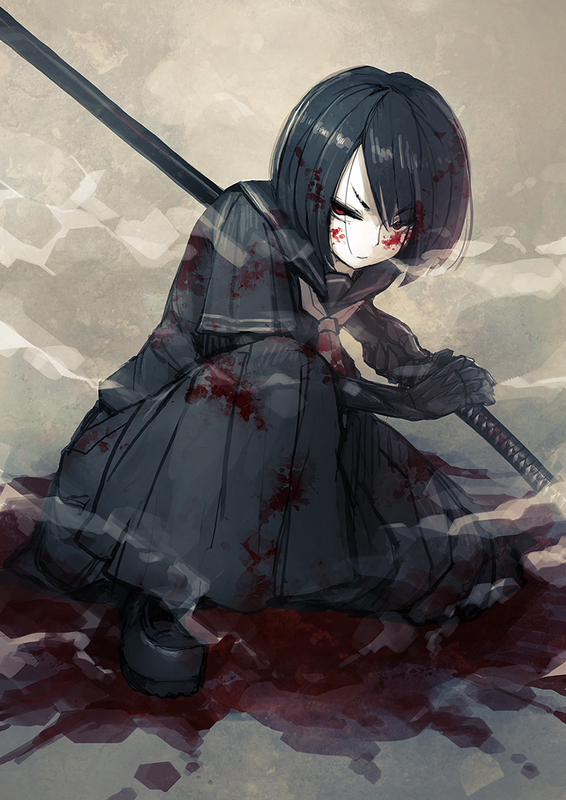 1girl bangs black_boots black_hair black_serafuku black_shirt black_skirt blood blood_on_face bloody_clothes boots borrowed_character eyebrows eyebrows_visible_through_hair fighting_stance full_body holding holding_sword holding_weapon katana mechanical_arms neckerchief noconol one_knee original parted_lips pool_of_blood red_eyes school_uniform serafuku shirt short_hair short_sleeves skirt solo swept_bangs sword tsurime weapon