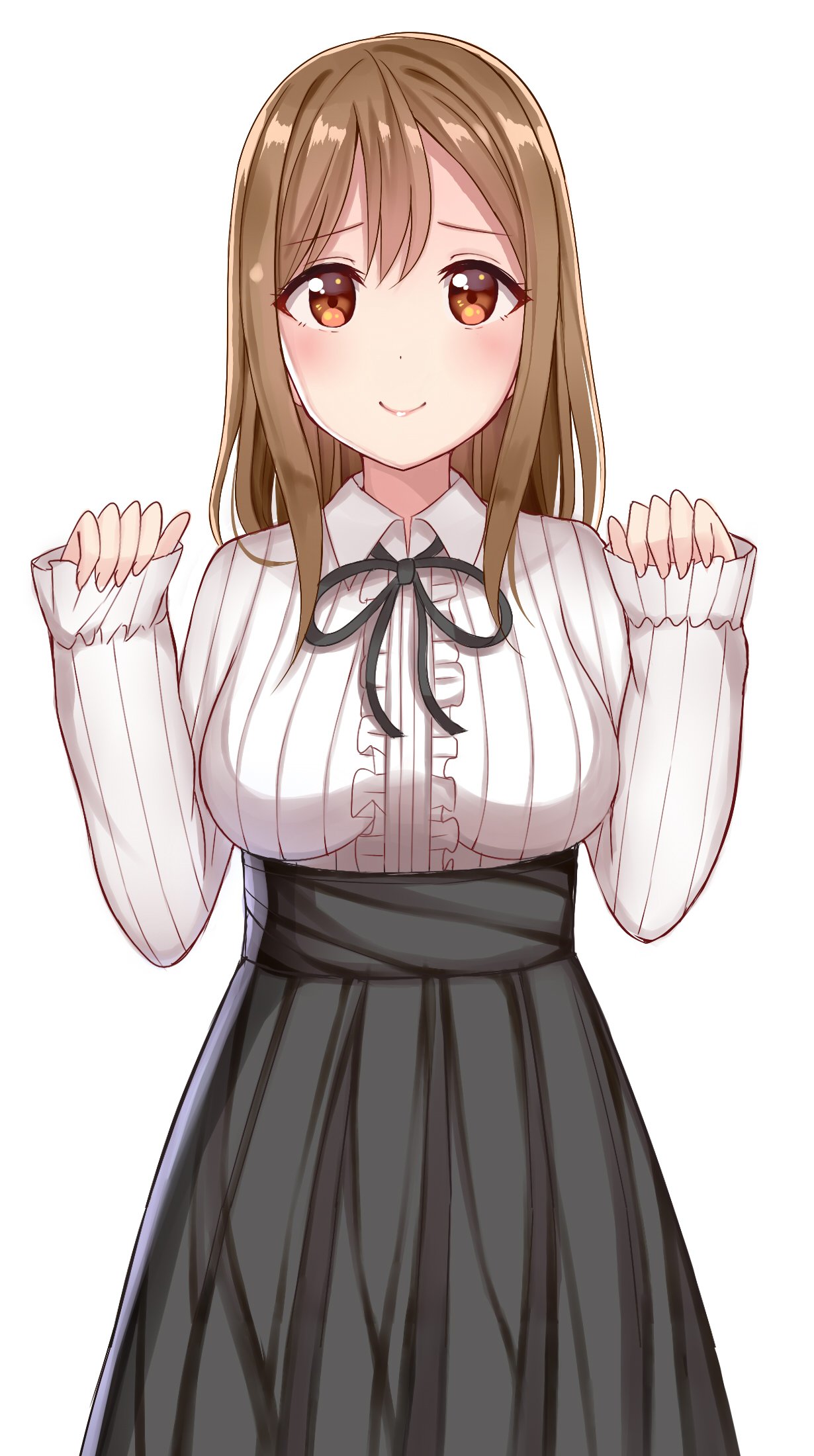 1girl alternate_costume black_ribbon breasts brown_eyes brown_hair center_frills commentary_request eyebrows eyebrows_visible_through_hair highres kunikida_hanamaru large_breasts long_hair long_sleeves looking_at_viewer love_live! love_live!_sunshine!! mizukoshi_(marumi) ribbon simple_background smile solo virgin_killer_outfit white_background