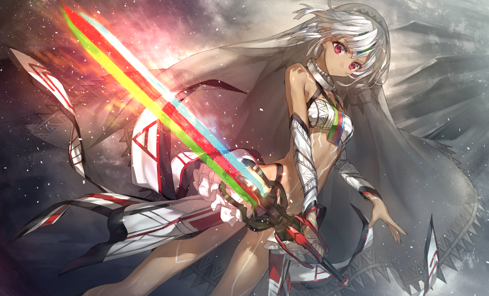 1girl attila_(fate/grand_order) bare_shoulders chokoan_(tyokoa4649) dark_skin detached_sleeves fate/grand_order fate_(series) full_body_tattoo holding holding_sword holding_weapon looking_at_viewer midriff short_hair solo sword tattoo veil violet_eyes weapon white_hair