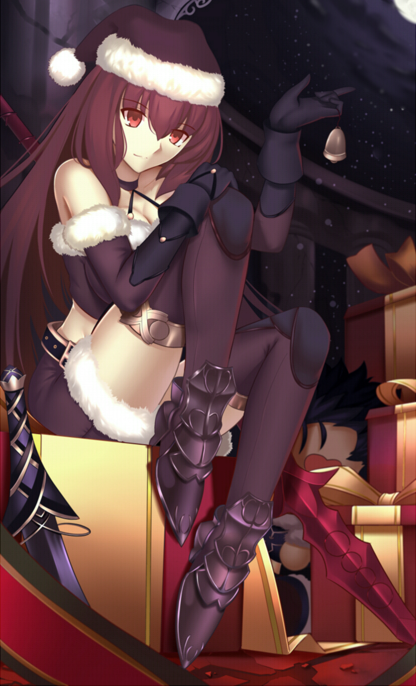 1girl adapted_costume bare_shoulders bell breasts craft_essence elbow_gloves fate/grand_order fate_(series) gae_bolg gift gloves hat highres light_smile long_hair looking_at_viewer paperfinger polearm purple_hair red_eyes santa_hat scathach_(fate/grand_order) snow solo spear thigh-highs weapon