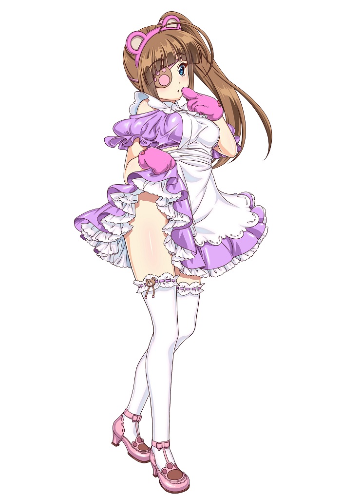 1girl animal_ears blue_eyes brown_hair character_request dress eyepatch fake_animal_ears finger_to_mouth frilled_legwear full_body long_hair official_art simple_background skirt skirt_lift solo thigh-highs valkyrie_drive valkyrie_drive_-siren- white_legwear