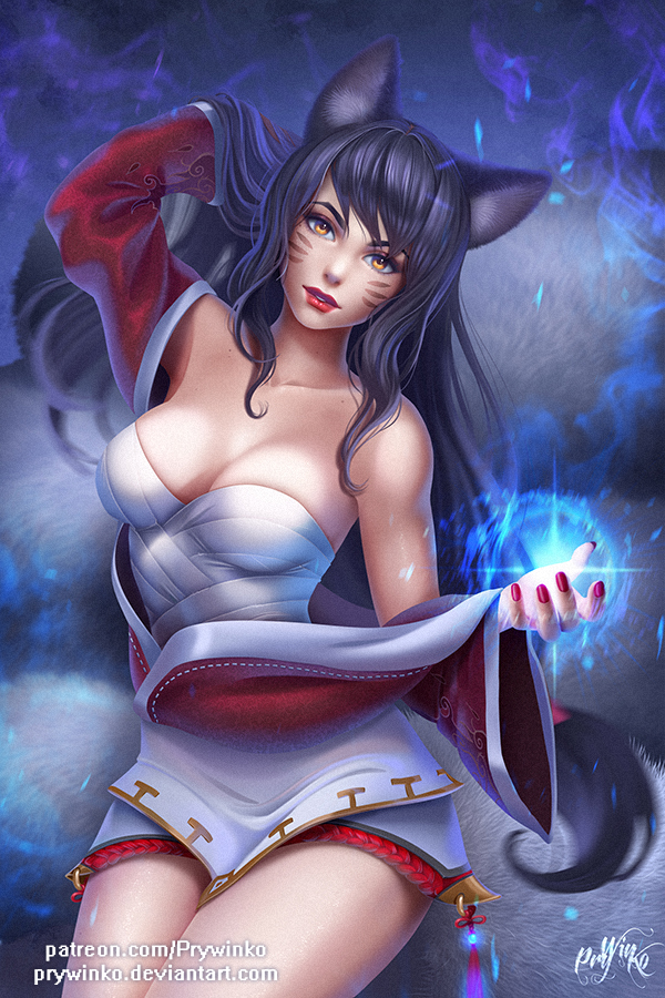 1girl ahri animal_ears artist_name bare_shoulders black_hair breasts cleavage collarbone cowboy_shot energy_ball facial_mark fingernails fox_ears hair_tousle hand_up korean_clothes league_of_legends lipstick long_hair looking_at_viewer makeup medium_breasts mole_on_body nail_polish nose off_shoulder olga_narhova reaching reaching_out red_lips red_lipstick red_nails sarashi signature solo tassel watermark web_address whisker_markings