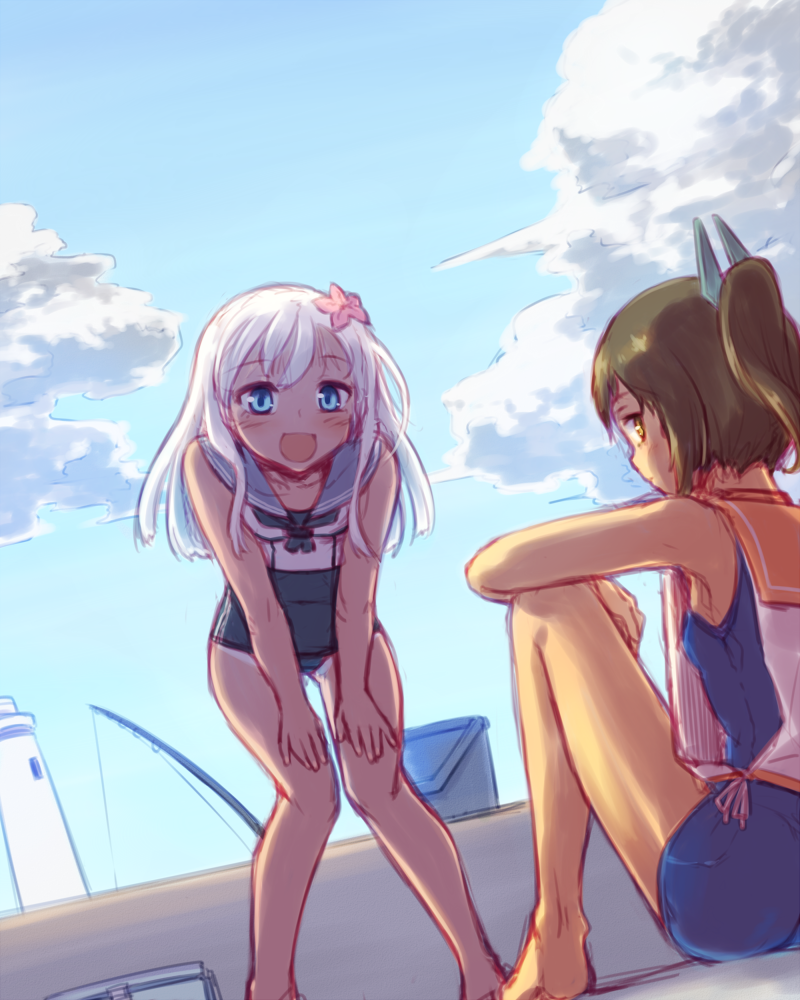2girls bent_over blue_eyes brown_eyes brown_hair clouds covered_navel crop_top dutch_angle flower from_below hair_flower hair_ornament hourai_kochou i-401_(kantai_collection) kantai_collection knees_together leaning_forward lighthouse long_hair multiple_girls one-piece_tan open_mouth ponytail ro-500_(kantai_collection) sailor_collar school_swimsuit short_hair sitting standing swimsuit swimsuit_under_clothes tan tanline