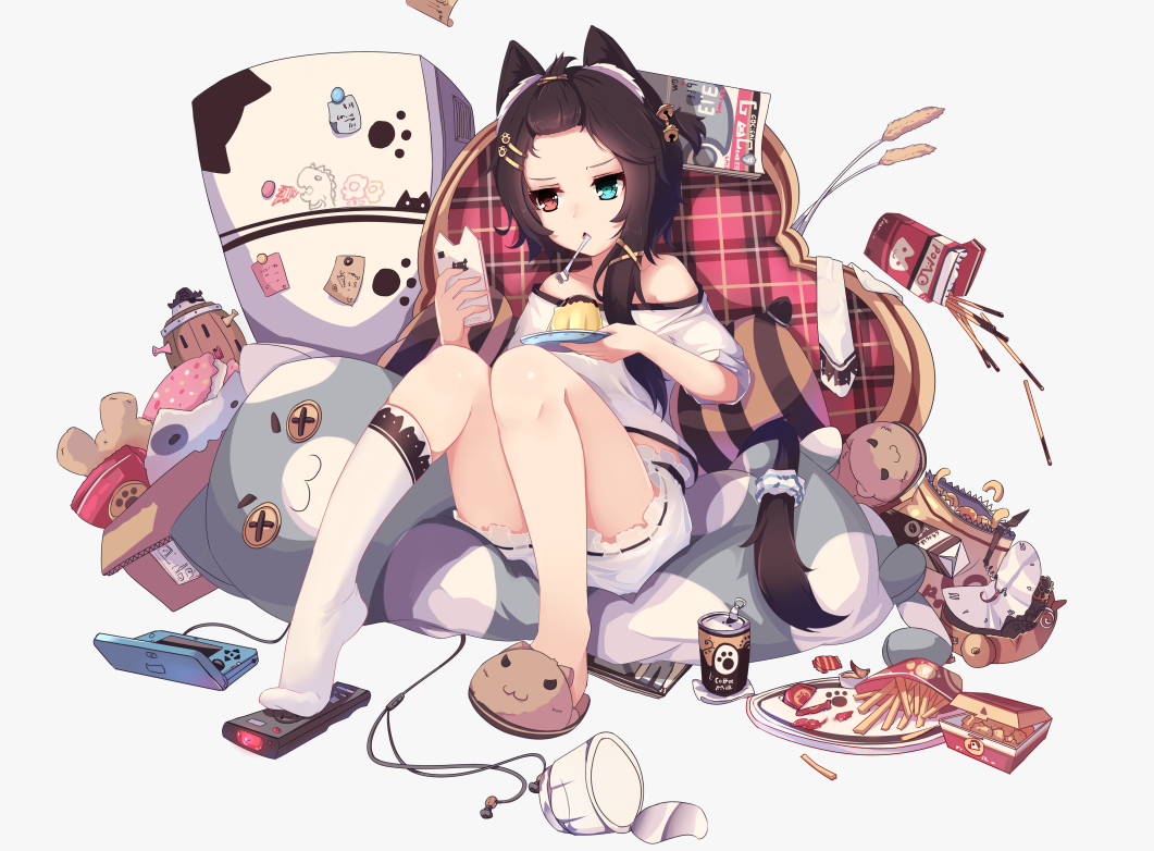 1girl alarm_clock animal_band animal_ears bangs_pinned_back bare_shoulders bell black_hair black_ribbon bloomers blue_eyes box broken button_eyes can cardboard_box cat_ears cat_slippers cat_tail cat_teaser cellphone child_drawing clock controller cup earphones earphones_removed food fork fork_in_mouth french_fries full_body fur_trim game_console hair_bell hair_ornament hairclip heterochromia holding holding_cellphone jingle_bell kai-ri-sei_million_arthur kneehighs knees_up legwear_removed long_hair looking_at_viewer magazine magnetic_plaster mouth_hold napkin note off_shoulder one_side_up paw_print phone pillow plate pocky pudding red_eyes refrigerator remote_control ribbon ribbon_trim shirt short_hair_with_long_locks shorts sidelocks single_kneehigh single_shoe sitting sleeves_rolled_up snack soda_can spill striped stuffed_animal stuffed_cat stuffed_toy t-shirt tail teddy_bear toy underwear white_background white_legwear white_shirt white_shorts wire x2 x_hair_ornament