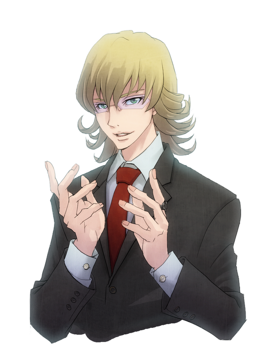 1boy barnaby_brooks_jr commentary_request formal glasses jewelry keno_kaicoo male_focus necktie potters_wheel_pose ring simple_background smile solo suit tiger_&amp;_bunny white_background