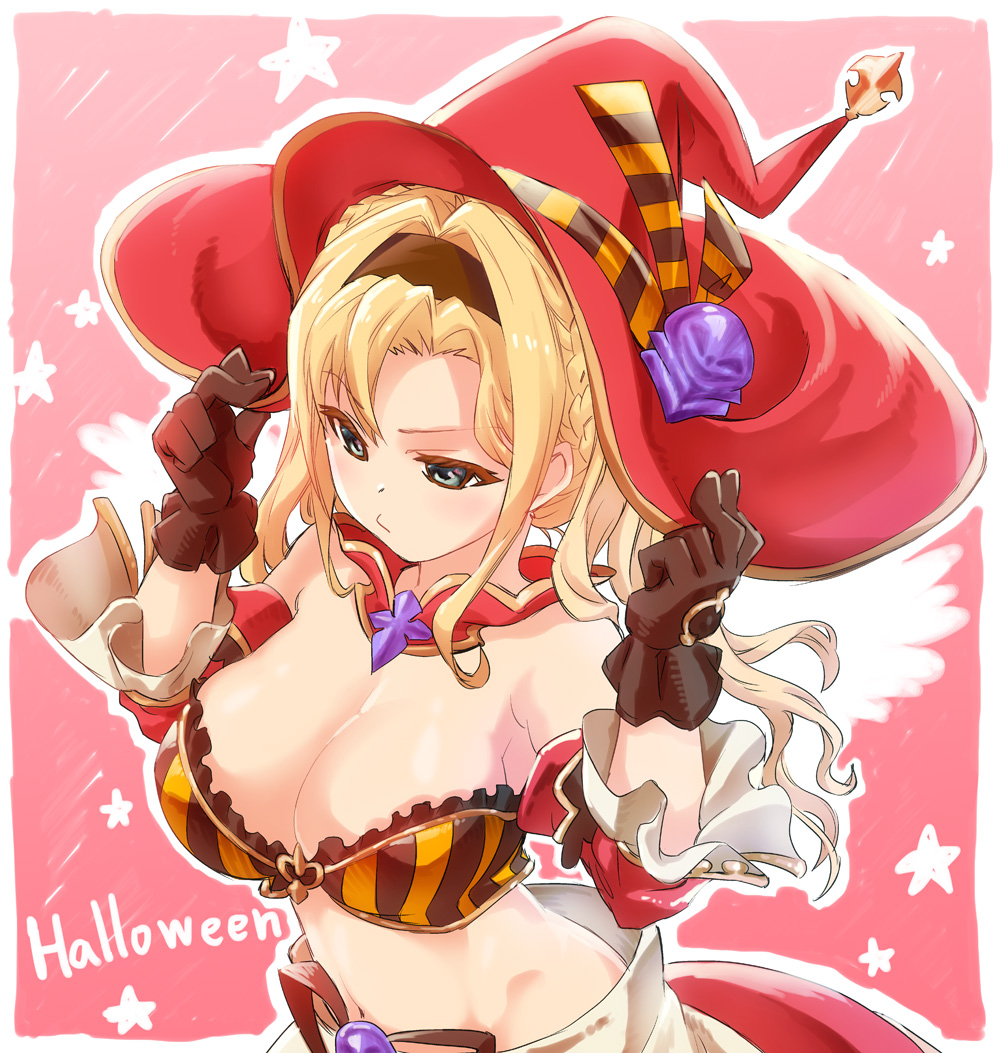 1girl adjusting_clothes adjusting_hat aqua_eyes bandeau beatrix_(granblue_fantasy) beatrix_(granblue_fantasy)_(cosplay) black_gloves blonde_hair blush braid breasts closed_mouth cosplay detached_sleeves eyebrows eyebrows_visible_through_hair gloves granblue_fantasy hair_intakes hairband halloween halloween_costume hat large_breasts long_hair long_sleeves navel nokinhizadati outline red_hat solo star striped twin_braids twintails witch_hat zeta_(granblue_fantasy)