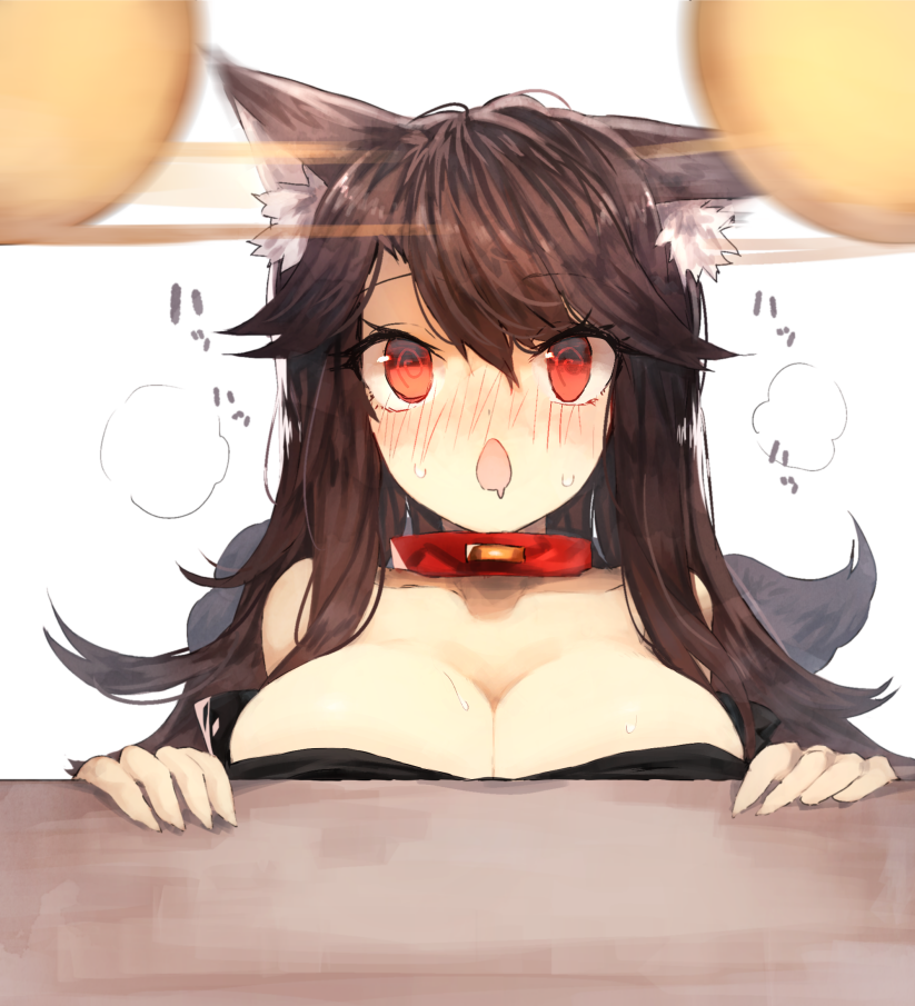 1girl @_@ animal_ears bangs bare_shoulders bei_mochi blush breasts brown_hair cleavage collar commentary drooling hypnosis imaizumi_kagerou large_breasts long_hair mind_control nose_blush open_mouth red_eyes simple_background solo sweat tail touhou white_background wolf_ears wolf_tail