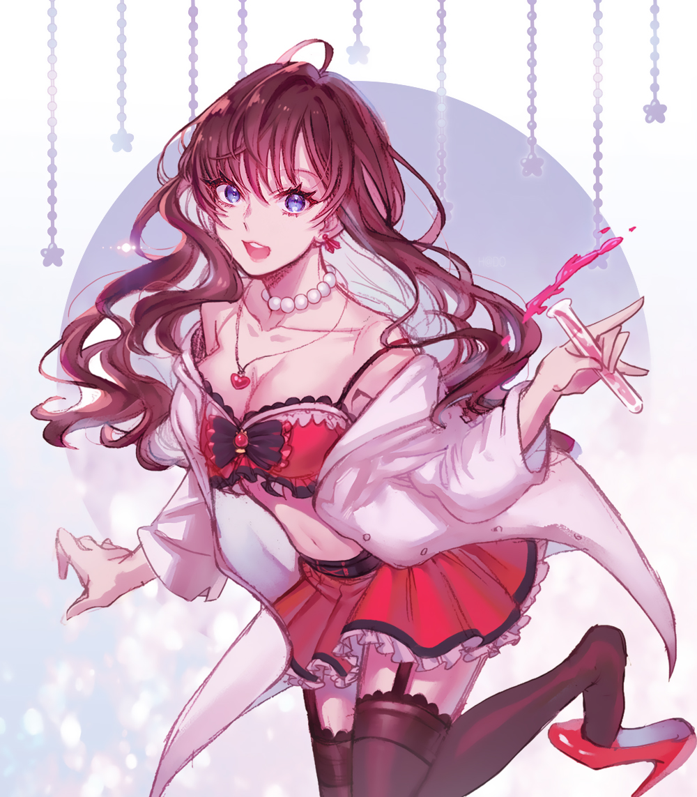 1girl :d ahoge blue_eyes breasts brown_hair cleavage earrings frilled_skirt frills garter_straps hado_(gjdlsxor1) high_heels ichinose_shiki idolmaster idolmaster_cinderella_girls jewelry labcoat large_breasts leg_lift liquid long_hair looking_at_viewer messy_hair midriff navel necklace open_labcoat open_mouth pearl_necklace shoe_dangle skirt smile solo spaghetti_strap test_tube thigh-highs wavy_hair