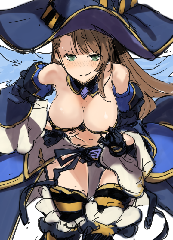 &gt;:) 1girl adjusting_clothes bangs bare_shoulders beatrix_(granblue_fantasy) bent_over black_gloves blue_hat blush breasts brown_hair cleavage detached_collar detached_sleeves eyebrows eyebrows_visible_through_hair gloves granblue_fantasy green_eyes grin halloween halloween_costume hand_on_hip hat large_breasts leaning_forward long_hair long_sleeves navel no_nose nose_blush simple_background sketch smile solo striped striped_legwear thigh-highs tooya_daisuke white_background wide_sleeves witch_hat