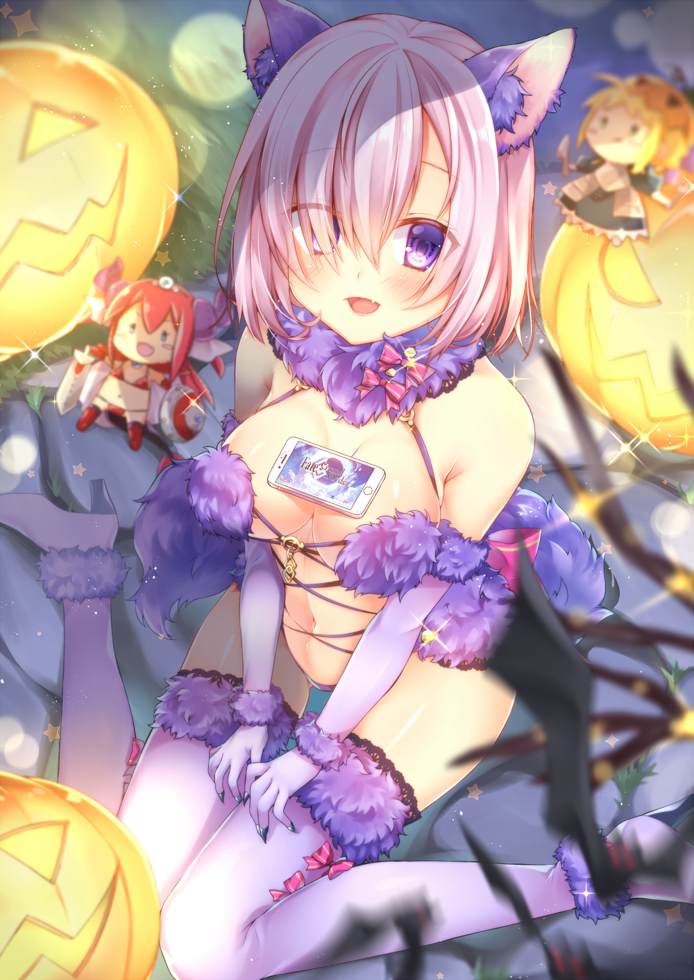 1girl alternate_costume animal_ears bare_shoulders blurry blush breasts character_doll chihio cleavage depth_of_field elbow_gloves elizabeth_bathory_(brave)_(fate) eyebrows_visible_through_hair eyes_visible_through_hair fang fate/grand_order fate_(series) fur-trimmed_gloves fur-trimmed_legwear fur_collar gloves hair_over_one_eye halloween_costume highres jack-o'-lantern lancer_(fate/extra_ccc) large_breasts looking_at_viewer navel open_mouth purple_hair saber shielder_(fate/grand_order) sitting solo tail tawawa_challenge thigh-highs thighs v_arms violet_eyes wariza wolf_ears wolf_tail