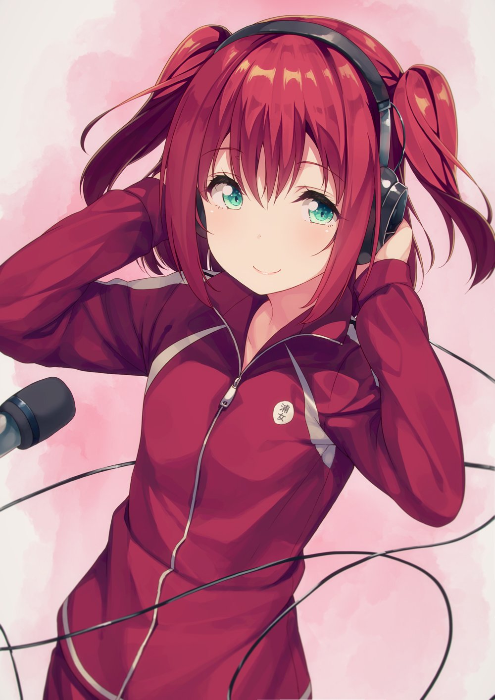 1girl aqua_eyes bangs cable commentary_request hands_on_headphones headphones highres jacket kurosawa_ruby long_sleeves looking_to_the_side love_live! love_live!_sunshine!! microphone redhead siva_(executor) smile solo track_jacket two_side_up upper_body zipper