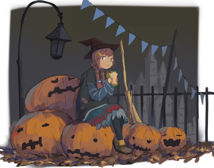 1girl :&lt; autumn_leaves bangs black_background black_legwear blue_eyes boots braid broom brown_boots brown_hair castle closed_mouth food full_body hair_ornament hair_over_shoulder hairclip halloween hat holding holding_food jack-o'-lantern lantern leaf legs_together lettuce long_hair long_sleeves looking_to_the_side original pantyhose pennant sandwich shirt short_over_long_sleeves sitting sitting_on_object skirt solo string_of_flags striped striped_shirt twin_braids witch witch_hat wu_ba_pin