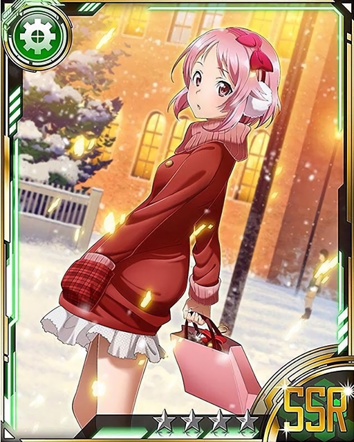 1girl bow card_(medium) christmas_tree earmuffs hair_bow holding lisbeth looking_at_viewer outdoors pink_eyes pink_hair red_bow scarf short_hair skirt snow solo star sword_art_online white_skirt