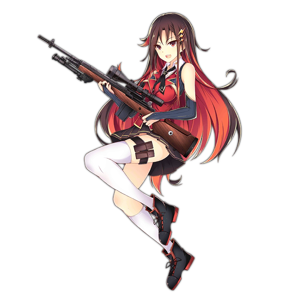 1girl bipod black_skirt boots bridal_gauntlets brown_hair girls_frontline gun hair_ornament long_hair looking_at_viewer m21 m21_(girls_frontline) magazine_(weapon) multicolored_hair official_art pleated_skirt red_eyes redhead rifle scope skirt solo thigh-highs weapon white_legwear