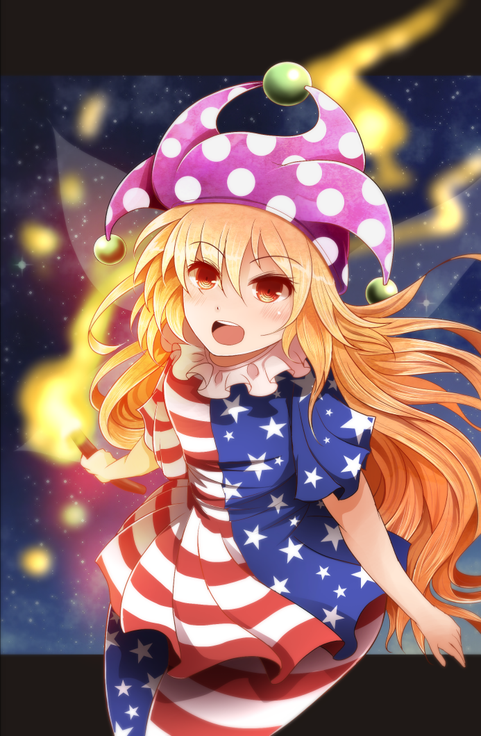 1girl american_flag_dress american_flag_legwear arano_oki arms_at_sides blonde_hair blush clownpiece cowboy_shot dress fairy_wings frills hat jester_cap letterboxed long_hair looking_at_viewer neck_ruff open_mouth orange_eyes pantyhose polka_dot print_legwear short_dress short_sleeves solo star star_print striped thick_thighs thighs torch touhou very_long_hair wings