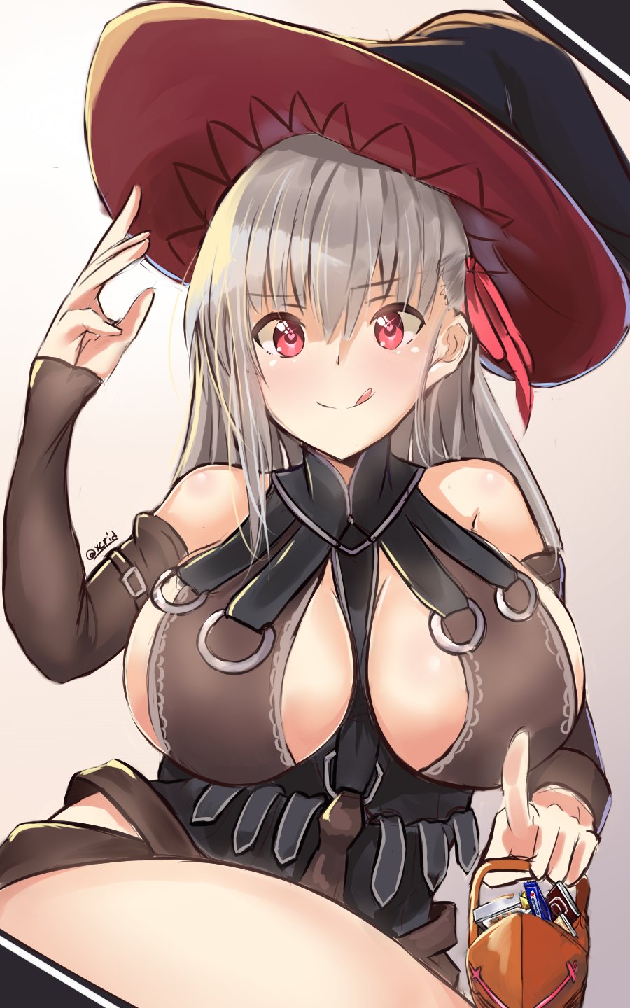 1girl adapted_costume breasts cleavage commentary dark_sakura fate/stay_night fate_(series) granblue_fantasy hair_ribbon halloween hat heart heart-shaped_pupils highres i.f.s.f large_breasts magisa_(granblue_fantasy) matou_sakura red_eyes ribbon silver_hair simple_background solo symbol-shaped_pupils tongue tongue_out witch_hat