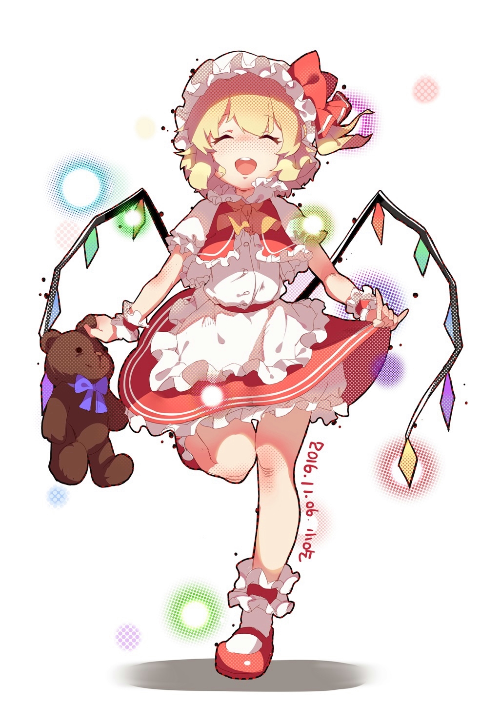 1girl ascot belt blouse closed_eyes dated flandre_scarlet hat highres mob_cap open_mouth petticoat puffy_short_sleeves puffy_sleeves red_skirt short_hair short_sleeves side_ponytail skirt skirt_lift skirt_set stuffed_animal stuffed_toy teddy_bear touhou vest white_blouse wings