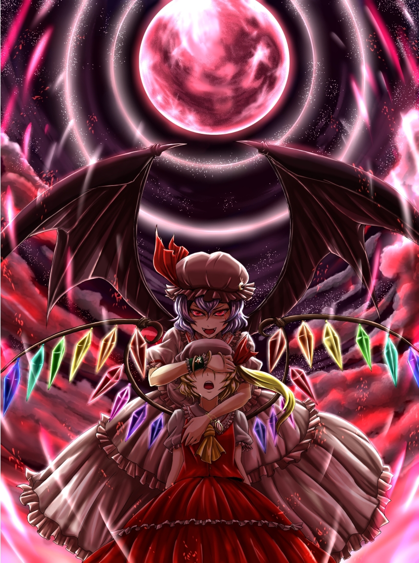 &gt;:d 2girls :d adapted_costume ascot bat_wings blonde_hair blue_hair covering_eyes crystal dress fang flandre_scarlet frilled_shirt_collar frills full_moon futagojima hat hat_ribbon laevatein layered_dress looking_at_viewer mob_cap moon moonlight multiple_girls open_mouth puffy_short_sleeves puffy_sleeves red_eyes red_moon red_ribbon remilia_scarlet ribbon short_hair short_sleeves siblings sisters smile touhou wings wrist_cuffs