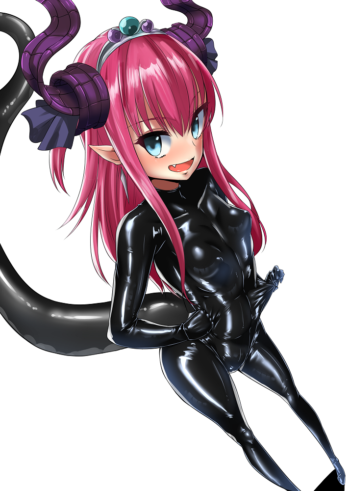 1girl :d ayuayu_(shouyu_no_sato) black_ribbon blue_eyes blush bodysuit breasts clothes_pull commentary_request curled_horns dragon_tail elizabeth_bathory_(brave)_(fate) fang fate/grand_order fate_(series) foreshortening hair_ribbon hairband horns lancer_(fate/extra_ccc) latex long_hair looking_at_viewer looking_to_the_side open_mouth pink_hair pointy_ears pulled_by_self ribbon shoes sidelocks small_breasts smile solo spiked_shoes spikes tail tiara two_side_up white_background