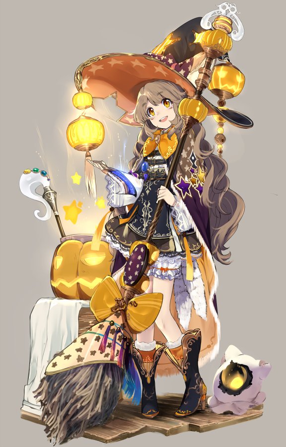 1girl :d black_boots black_dress bloomers blush boots broom brown_background brown_eyes brown_hair cape dagger dress eyebrows eyebrows_visible_through_hair full_body halloween head_tilt high_heels holding_broom jack-o'-lantern lantern long_hair long_sleeves open_mouth original simple_background smile standing star star_print touzai_(poppin_phl95) underwear very_long_hair weapon wide_sleeves witch wooden_floor