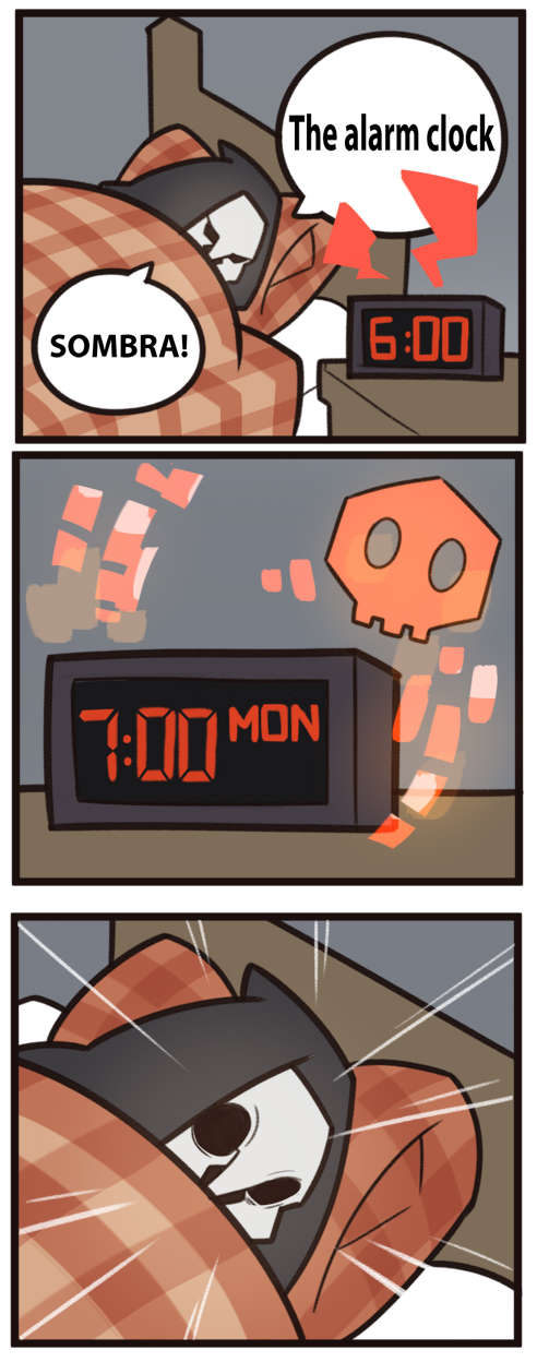 1boy alarm_clock bed clock comic english highres overwatch pillow reaper_(overwatch) speech_bubble splashbrush