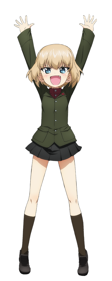 &gt;:d 1girl :d arms_up bangs black_legwear black_shoes black_skirt blonde_hair blush buttons fang full_body girls_und_panzer green_jacket jacket katyusha kneehighs loafers long_sleeves miniskirt open_mouth pleated_skirt shoes short_hair simple_background skirt smile solo standing tiptoes transparent_background