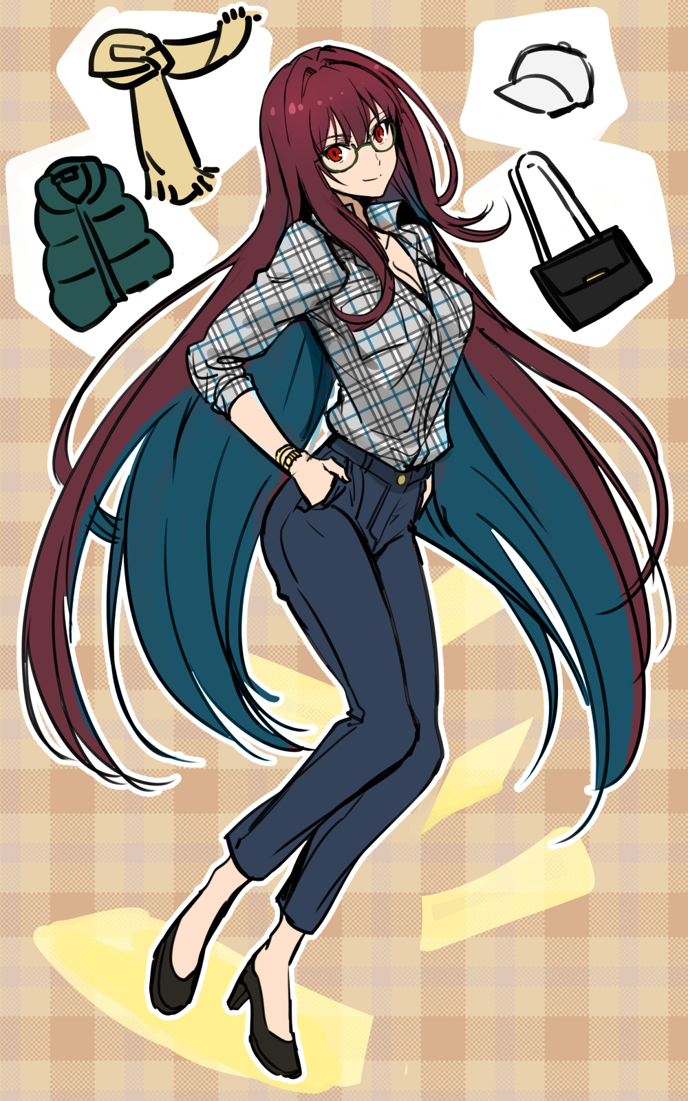 1girl baseball_cap bespectacled bracelet breasts capri_pants casual cleavage denim fate/grand_order fate_(series) glasses hands_in_pockets hat high_waisted_pants highres jewelry long_hair long_sleeves looking_at_viewer pants plaid plaid_background plaid_shirt purple_hair red_eyes scarf scathach_(fate/grand_order) shimo_(s_kaminaka) shirt solo very_long_hair vest