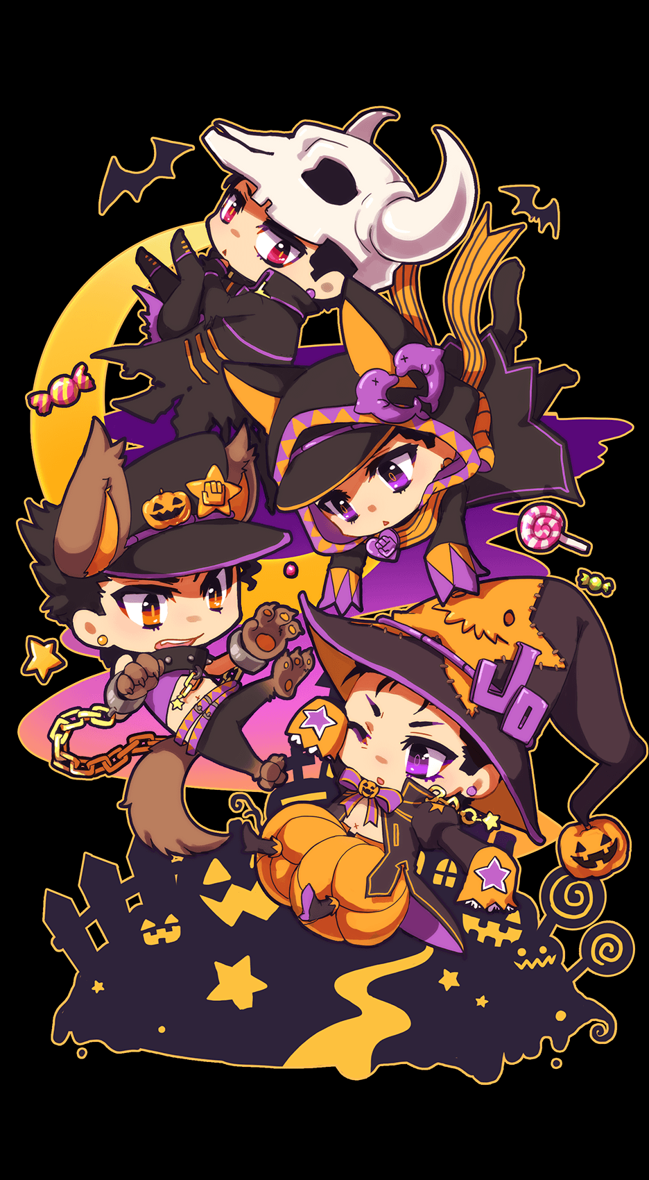 4boys animal_ears bare_chest bat black_hair candy chain chibi coat collar cuffs earrings hat highres jack-o'-lantern jacket jewelry jojo_no_kimyou_na_bouken kuujou_joutarou male_focus multiple_boys multiple_persona navel one_eye_closed open_clothes open_jacket open_mouth orange_eyes paws pin pink_eyes pumpkin_pants shackles skull sleeves_past_wrists star syei tail violet_eyes witch_hat wolf_ears wolf_paws wolf_tail