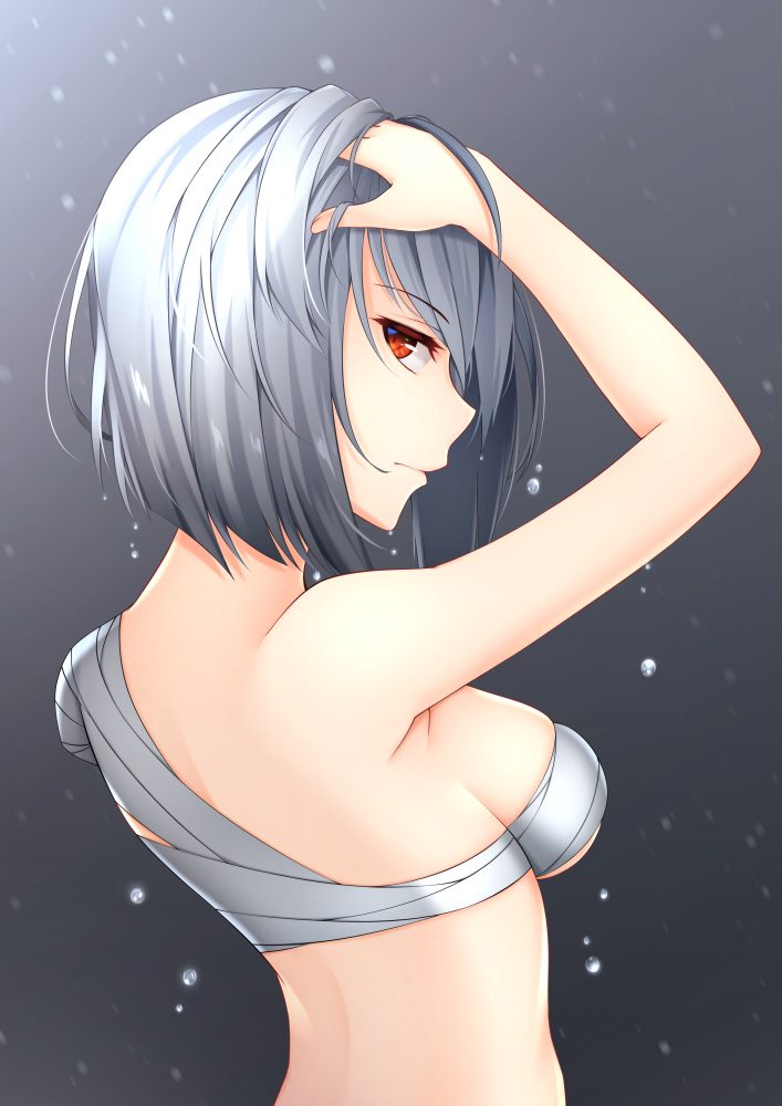 1girl amputee aoki_touji arm_up back bandages bangs bob_cut breasts cartagra closed_mouth dripping eyebrows eyebrows_visible_through_hair eyelashes from_behind gradient gradient_background grey_background grey_hair hand_in_hair hand_on_own_head healther looking_at_viewer motion_blur nude profile silver_hair snowing solo under_boob upper_body water_drop