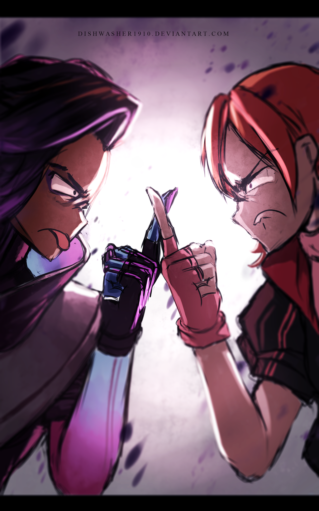 2girls asymmetrical_hair confrontation crossover dark_skin dishwasher1910 face-to-face fingerless_gloves gloves highres multiple_girls nora_valkyrie orange_hair overwatch rwby sombra_(overwatch) tongue tongue_out