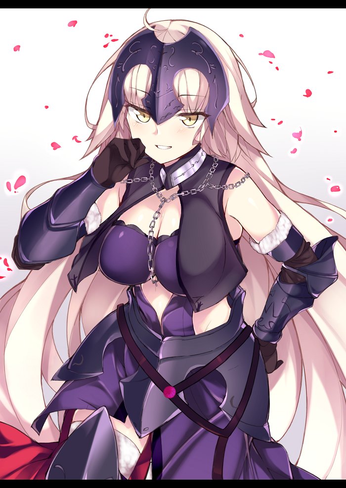 1girl armor black_gloves blonde_hair breasts chain cleavage elbow_gloves fate/grand_order fate_(series) gloves hand_on_hip haruyuki_(yukichasoba) helmet jeanne_alter long_hair looking_at_viewer petals ruler_(fate/apocrypha) smile solo thigh-highs yellow_eyes