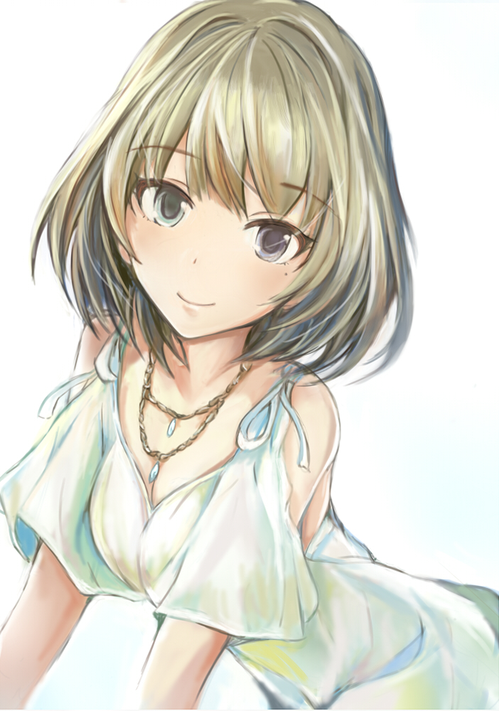 1girl arched_back blue_eyes breasts brown_hair cleavage closed_mouth dress green_eyes heterochromia idolmaster idolmaster_cinderella_girls jewelry looking_at_viewer mole mole_under_eye nannacy7 necklace off-shoulder_dress off_shoulder out_of_frame short_hair simple_background smile solo takagaki_kaede white_background