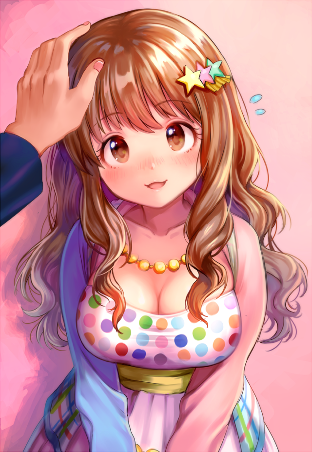 1girl :3 blush breasts brown_eyes brown_hair cleavage dress flying_sweatdrops hair_ornament hand_on_another's_head idolmaster idolmaster_cinderella_girls jewelry large_breasts long_hair looking_at_viewer mismatched_sleeves moroboshi_kirari necklace nishizawa open_mouth petting polka_dot pov pov_hands smile solo_focus star star_hair_ornament v_arms