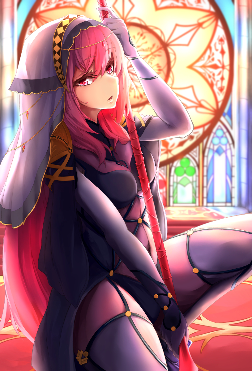 1girl armor bodysuit breasts church covered_navel fate/grand_order fate_(series) gae_bolg glass highres jewelry large_breasts long_hair looking_at_viewer pauldrons polearm purple_hair red_eyes redhead scathach_(fate/grand_order) solo spear squatting stained_glass veil weapon yoku_yoo