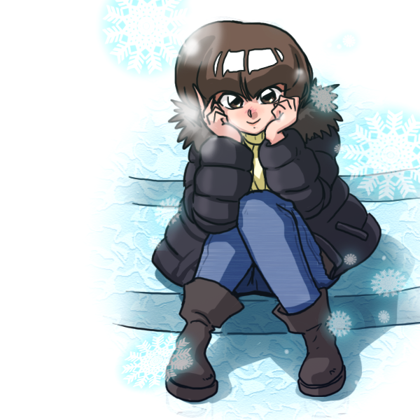 1girl breath brown_eyes brown_hair denim hands_on_own_cheeks hands_on_own_face head_rest jeans knees_together_feet_apart leaning_forward looking_at_viewer pants parka ranma_1/2 short_hair sitting smile snowflakes solo tendou_nabiki turtleneck wantan-orz winter_clothes