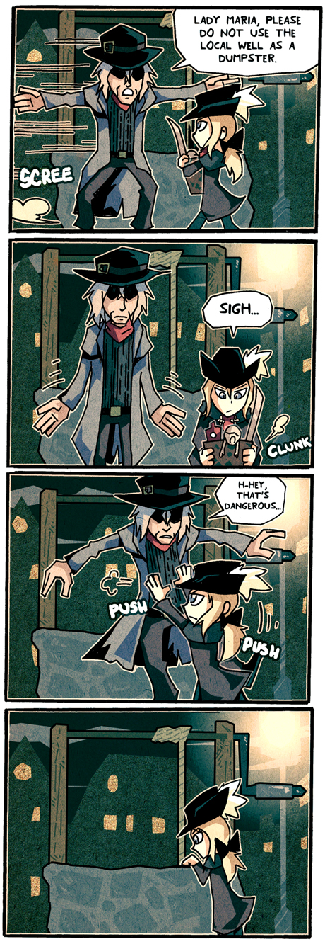 1boy 1girl 4koma blonde_hair bloodborne bow coat comic commentary english gehrman_the_first_hunter grey_hair hair_bow hat highres lady_maria_of_the_astral_clocktower long_hair ponytail pushing scarf setz the_old_hunters tricorne well