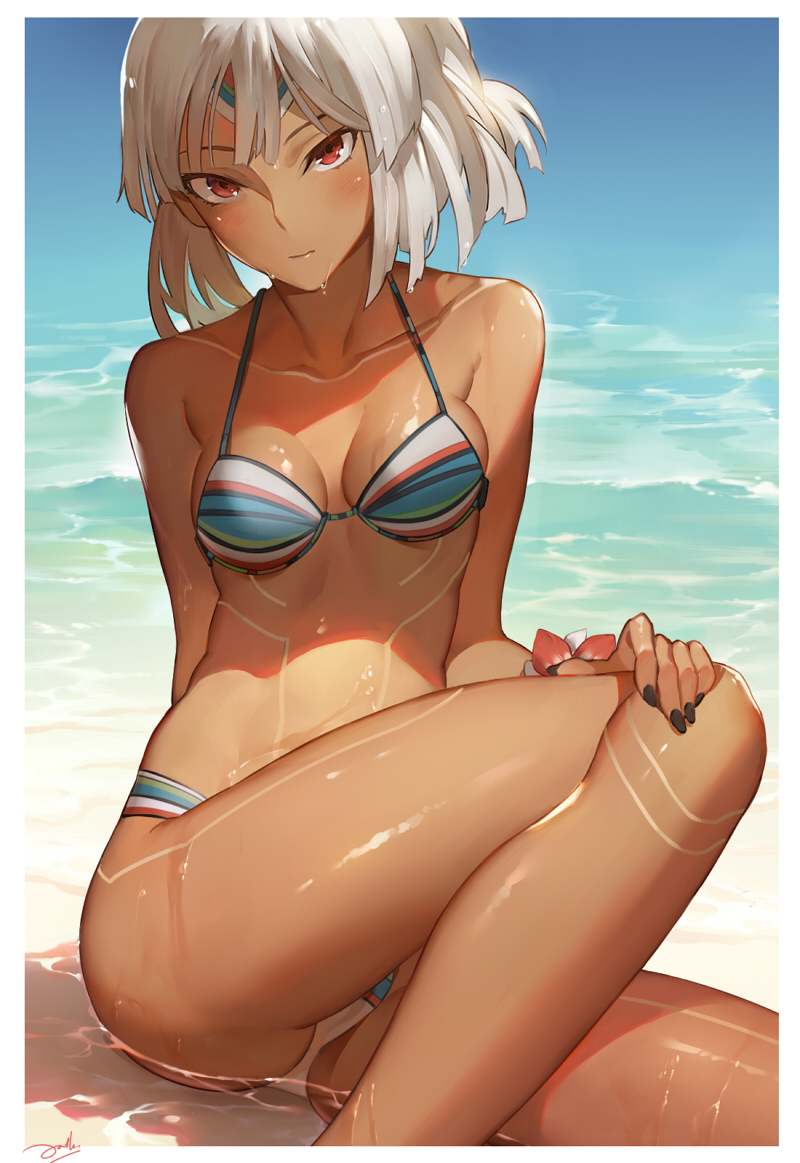 1girl attila_(fate/grand_order) bianyuanqishi bikini breasts collarbone dark_skin fate/grand_order fate_(series) long_hair looking_at_viewer nail_polish navel red_eyes shore solo swimsuit tattoo water wet white_hair