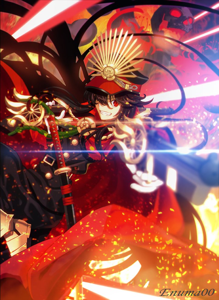 &gt;:) 1girl aora armor armored_boots artist_name bangs belt black_hair boots cape demon_archer fate_(series) foreshortening from_side glint grin gun hair_over_one_eye handgun holding holding_gun holding_weapon japanese_clothes katana koha-ace long_hair looking_at_viewer looking_to_the_side military military_uniform pistol red_eyes sheath sheathed skull smile solo swept_bangs sword uniform weapon