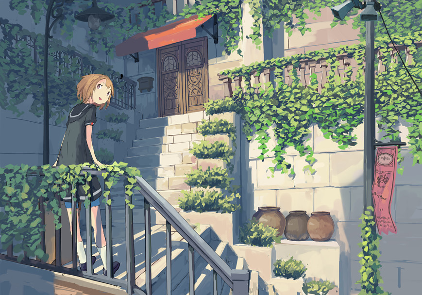 1girl awning brown_eyes brown_hair commentary door leaning_back loudspeaker mailbox open_mouth original plant postbox pot railing sailor_collar shadow short_hair shorts smile solo stairs vines wu_ba_pin