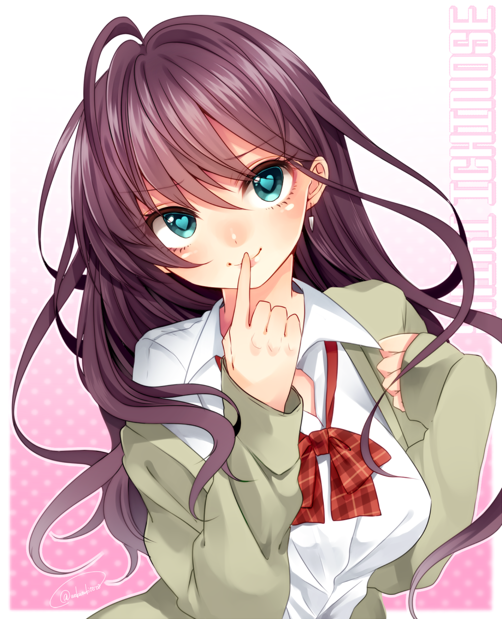 1girl blue_eyes blush breasts brown_hair character_name dress_shirt earrings finger_to_mouth head_tilt heart heart-shaped_pupils highres ichinose_shiki idolmaster idolmaster_cinderella_girls jacket jewelry large_breasts long_hair looking_at_viewer loose_bowtie messy_hair off_shoulder open_clothes open_jacket shirt smile solo symbol-shaped_pupils twitter_username wakatsuki_you