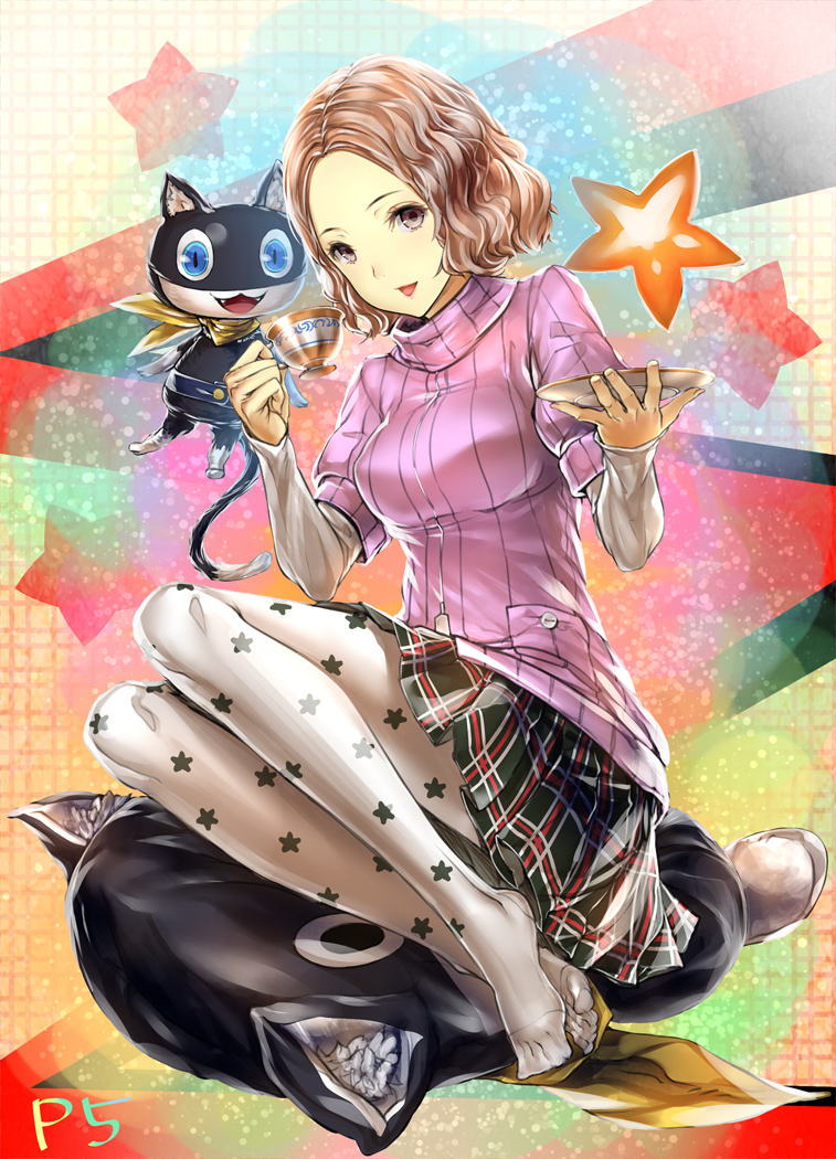 1girl brown_eyes brown_hair cup hourainingyou morgana_(persona_5) okumura_haru pantyhose persona persona_5 short_hair teacup