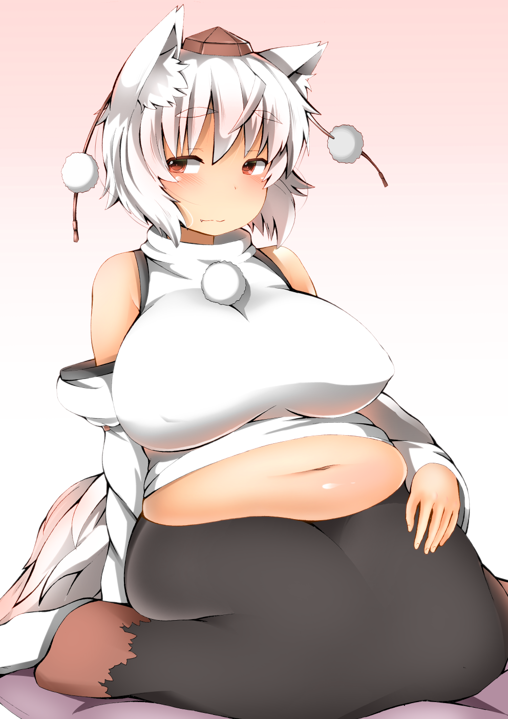 1girl animal_ears bare_shoulders big_belly breasts commentary covered_nipples detached_sleeves eyebrows fat hat highres inubashiri_momiji large_breasts navel pom_pom_(clothes) red_eyes seiza shirt shishi_juuroku sitting sleeveless sleeveless_shirt smile tail thick_eyebrows tokin_hat touhou wavy_mouth white_hair wolf_ears wolf_tail